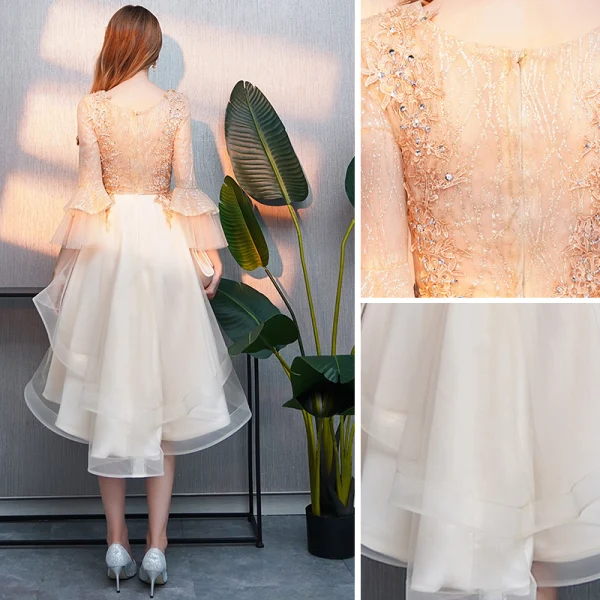Charmant Haute Basse Champagne Robe De Cocktail 2019 Princesse Encolure Dégagée Perlage Cristal En Dentelle Fleur Manches de cloche Asymétrique Robe De Ceremonie