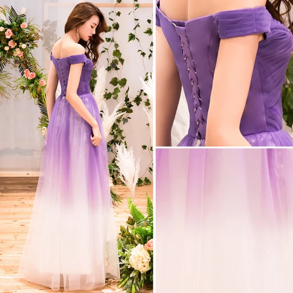 Chic / Beautiful Purple Gradient-Color Evening Dresses 2019 A-Line / Princess Off-The-Shoulder Short Sleeve Backless Floor-Length / Long Formal Dresses