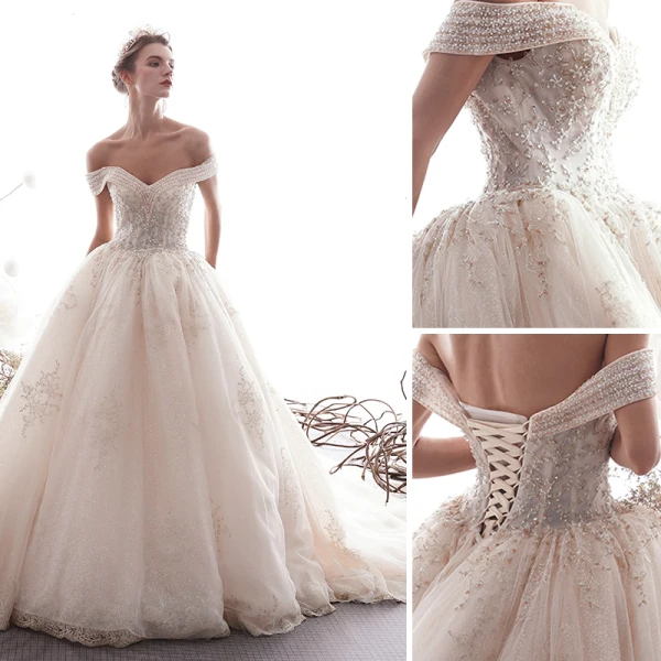 Luxury / Gorgeous Ivory Wedding Dresses 2019 A-Line / Princess Off-The-Shoulder Beading Crystal Lace Flower Sleeveless Backless Cathedral Train