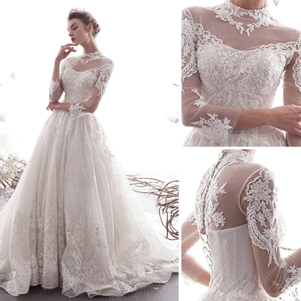 Elegant Ivory Wedding Dresses A-Line / Princess 2019 High Neck Beading Lace Flower 3/4 Sleeve Chapel Train