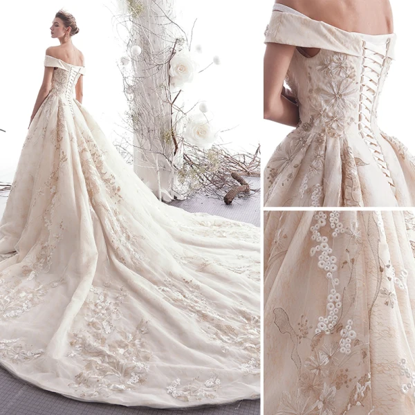 Luksusowe Szampan Suknie Ślubne 2019 Princessa Przy Ramieniu Frezowanie Aplikacje Z Koronki Kwiat Kótkie Rękawy Bez Pleców Trenem Królewski