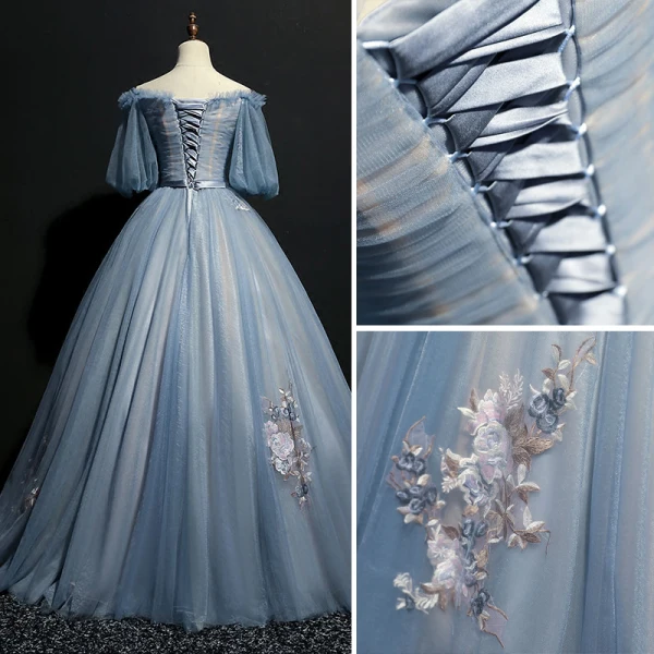 Elegant Prom Dresses 2018 Ball Gown Bow Embroidered Off-The-Shoulder Short Sleeve Floor-Length / Long Formal Dresses