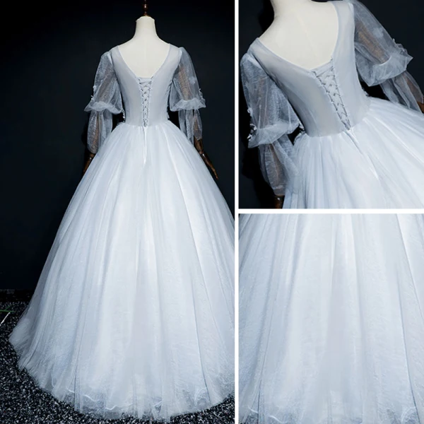 Elegant Grey Prom Dresses 2018 Ball Gown Lace Flower Appliques Pearl Scoop Neck Backless 1/2 Sleeves Floor-Length / Long Formal Dresses