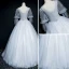 Elegant Grey Prom Dresses 2018 Ball Gown Lace Flower Appliques Pearl Scoop Neck Backless 1/2 Sleeves Floor-Length / Long Formal Dresses