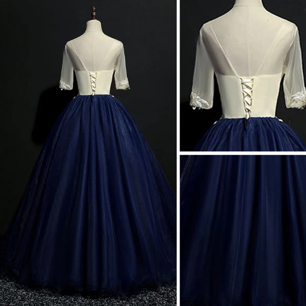 Elegant Navy Blue Prom Dresses 2018 Ball Gown Lace Appliques Scoop Neck Backless 1/2 Sleeves Floor-Length / Long Formal Dresses