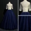 Elegant Navy Blue Prom Dresses 2018 Ball Gown Lace Appliques Scoop Neck Backless 1/2 Sleeves Floor-Length / Long Formal Dresses