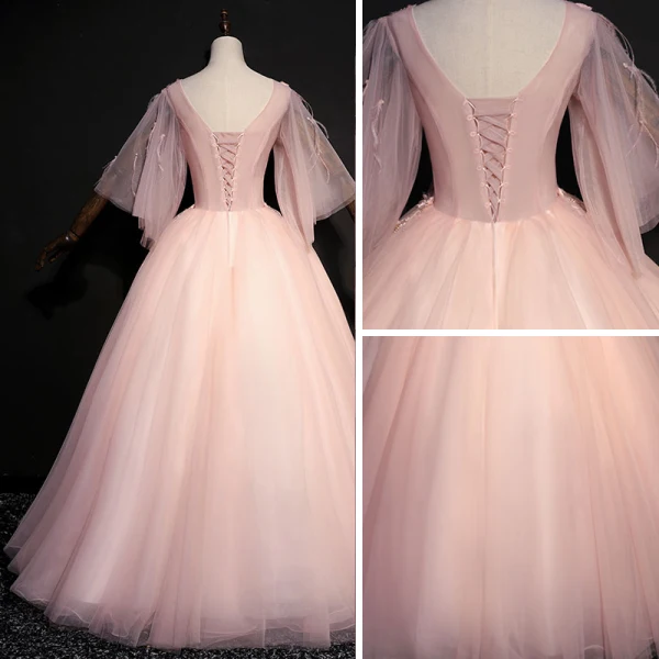 Elegant Pearl Pink Prom Dresses 2018 Ball Gown Lace Appliques Pearl Rhinestone Feather V-Neck Backless 1/2 Sleeves Floor-Length / Long Formal Dresses