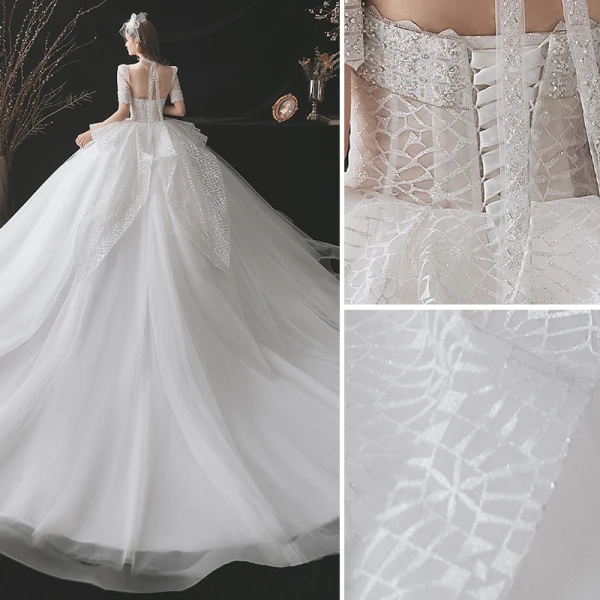 Mode Ivoire Glitter Robe De Mariée 2021 Robe Boule Encolure Dégagée Perlage Faux Diamant Manches Courtes Dos Nu Royal Train Mariage