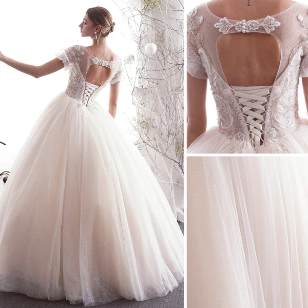 Élégant Champagne Robe De Mariée 2019 Princesse Encolure Dégagée Perlage En Dentelle Fleur Perle Paillettes Manches Courtes Dos Nu Longue