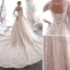 Chic / Belle Champagne Robe De Mariée 2019 Princesse Encolure Dégagée Papillon Appliques En Dentelle Fleur Cristal Paillettes 3/4 Manches Dos Nu Royal Train