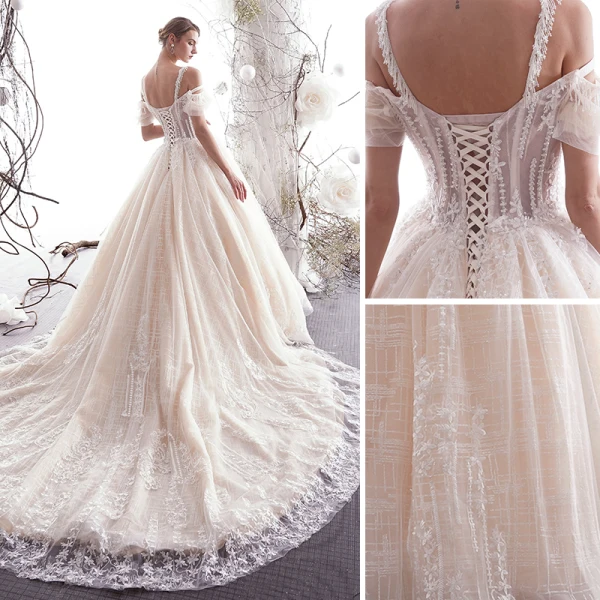 Charmant Champagne Robe De Mariée 2019 Princesse Bretelles Spaghetti Perlage Gland Paillettes En Dentelle Fleur Manches Courtes Dos Nu Cathedral Train