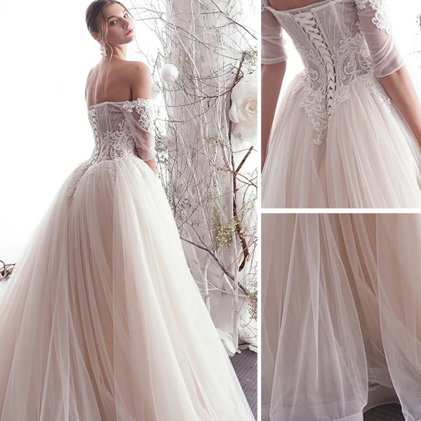 Chic / Beautiful Ivory Wedding Dresses 2019 A-Line / Princess Off-The-Shoulder Beading Lace Flower Short Sleeve Backless Floor-Length / Long