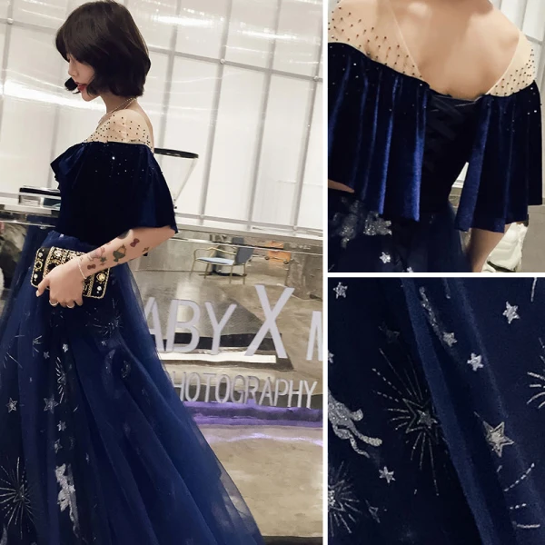 Modern / Fashion Navy Blue Evening Dresses 2019 A-Line / Princess V-Neck Glitter Star Rhinestone 1/2 Sleeves Backless Floor-Length / Long Formal Dresses
