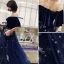 Modern / Fashion Navy Blue Evening Dresses  2019 A-Line / Princess V-Neck Glitter Star Rhinestone 1/2 Sleeves Backless Floor-Length / Long Formal Dresses