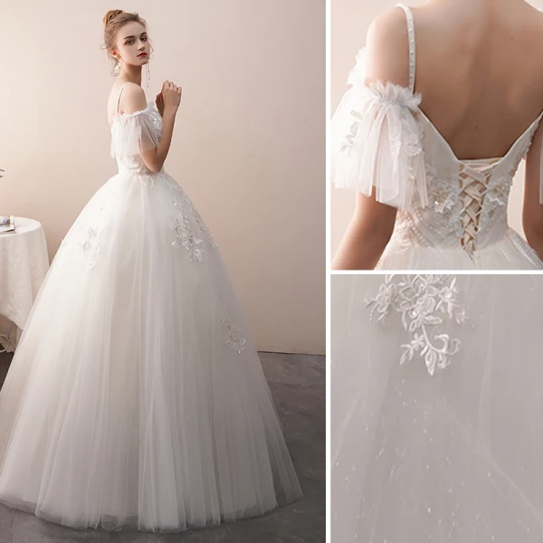 Charming Ivory Wedding Dresses 2019 A-Line / Princess Spaghetti Straps Beading Lace Flower Short Sleeve Backless Floor-Length / Long