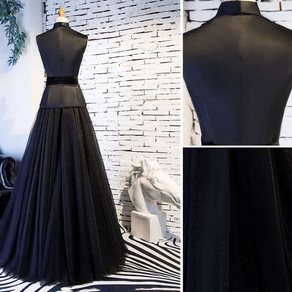 Vintage / Retro Black Prom Dresses 2019 A-Line / Princess V-Neck Sash Sleeveless Floor-Length / Long Formal Dresses