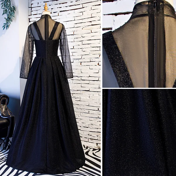 Elegant Vintage / Retro Black Prom Dresses 2019 A-Line / Princess High Neck Rhinestone Long Sleeve Floor-Length / Long Formal Dresses