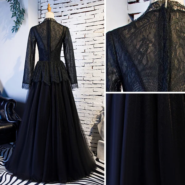 Elegant Vintage / Retro Black Prom Dresses 2019 A-Line / Princess Scoop Neck Lace Tassel Long Sleeve Floor-Length / Long Formal Dresses