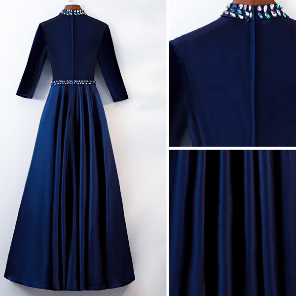 Elegante Königliches Blau Abendkleider 2019 A Linie Rundhalsausschnitt Perlenstickerei Kristall 3/4 Ärmel Lange Festliche Kleider