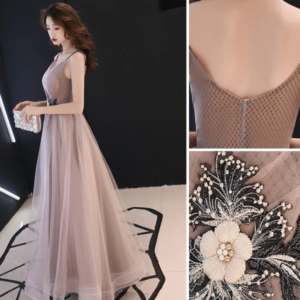 Modern / Fashion Blushing Pink Evening Dresses 2019 A-Line / Princess Appliques Lace Spaghetti Straps Sleeveless Backless Floor-Length / Long Formal Dresses