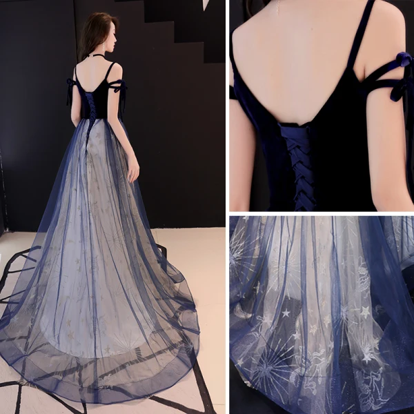 Elegante Marineblau Abendkleider 2019 A Linie Spaghettiträger Wildleder Spitze Star Ärmellos Rückenfreies Sweep / Pinsel Zug Festliche Kleider