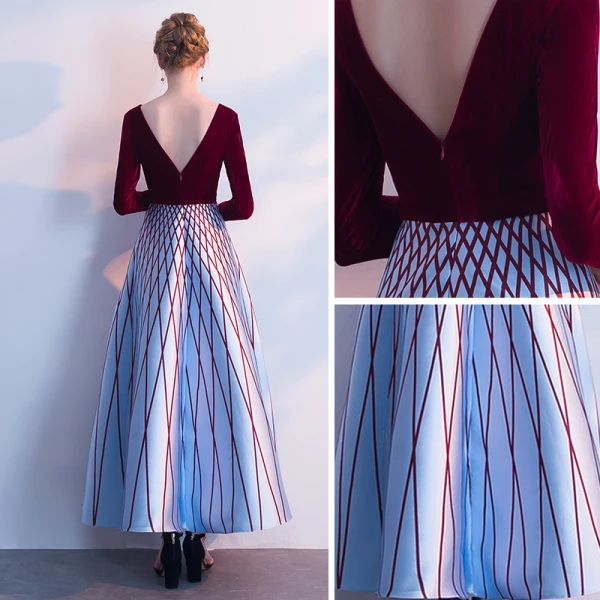 Chic / Belle Bordeaux Robe De Soirée 2018 Princesse Rayé V-Cou Manches Longues Longueur Cheville Robe De Ceremonie