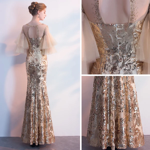Sparkly Evening Dresses 2018 Trumpet / Mermaid Sequins Scoop Neck Backless 1/2 Sleeves Ankle Length Formal Dresses