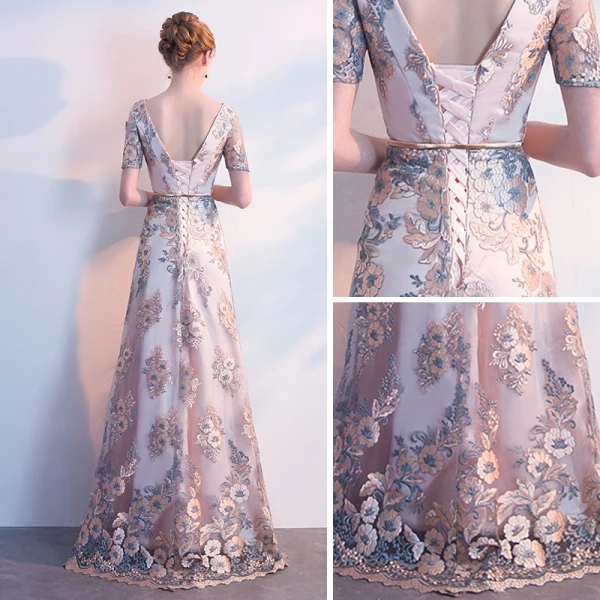 Chic / Beautiful Gold Evening Dresses  2018 Trumpet / Mermaid Sash Embroidered V-Neck Backless Short Sleeve Floor-Length / Long Formal Dresses