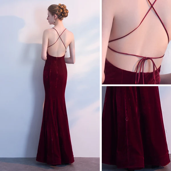 Modest / Simple Burgundy Evening Dresses  2018 Trumpet / Mermaid Spaghetti Straps X-Strap Backless Sleeveless Floor-Length / Long Formal Dresses