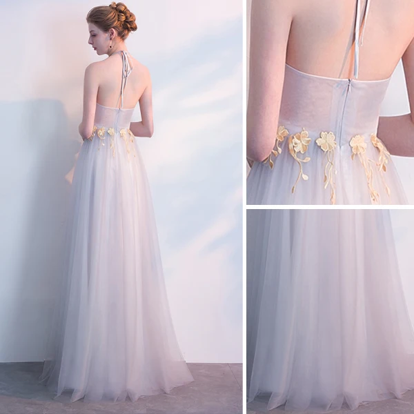 Chic / Beautiful Grey Evening Dresses 2018 A-Line / Princess Appliques Halter Backless Sleeveless Floor-Length / Long Formal Dresses