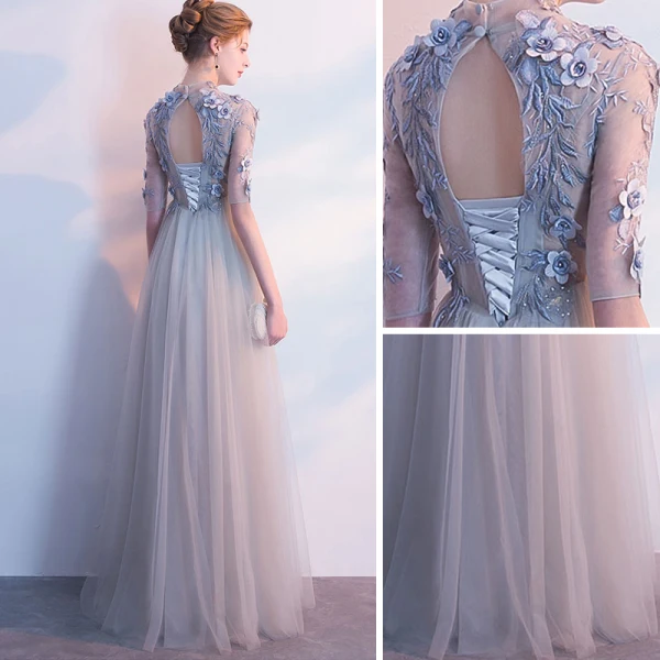 Elegant Evening Dresses 2018 Empire Lace Flower Appliques Pearl Scoop Neck Backless 1/2 Sleeves Floor-Length / Long Formal Dresses