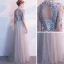 Elegant Evening Dresses  2018 Empire Lace Flower Appliques Pearl Scoop Neck Backless 1/2 Sleeves Floor-Length / Long Formal Dresses