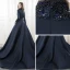 Chic / Belle Bleu Marine Robe De Soirée 2018 Princesse Perlage Paillettes Col Haut Manches Longues Chapel Train Robe De Ceremonie