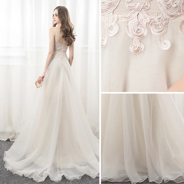 Elegant Champagne Evening Dresses 2018 A-Line / Princess Lace Spaghetti Straps Backless Sleeveless Court Train Formal Dresses