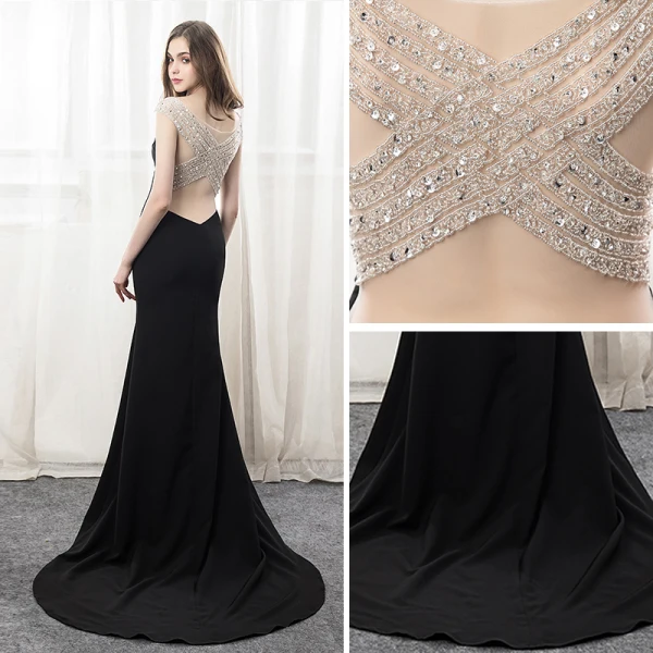 Sexy Noir Robe De Soirée 2018 Trompette / Sirène Perlage Paillettes Dos Nu V-Cou Sans Manches Tribunal Train Robe De Ceremonie