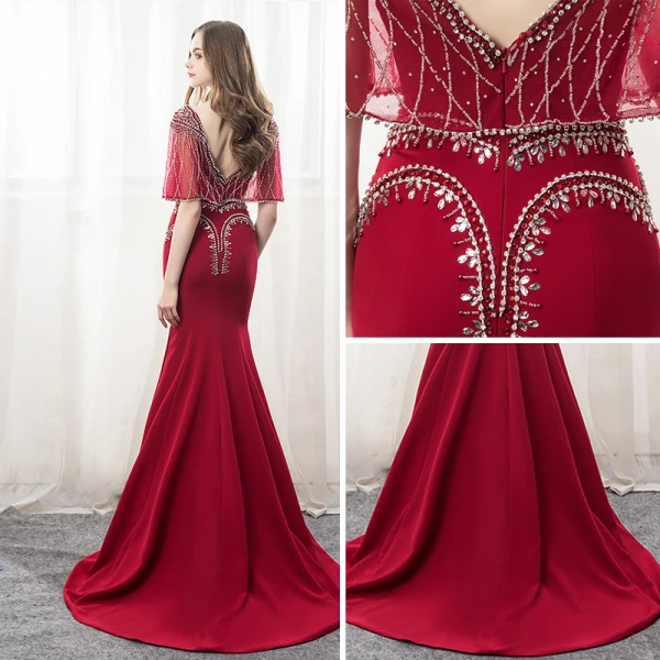 Lyx Burgundy Aftonklänningar 2018 Trumpet / Sjöjungfru Beading Kristall Rhinestone V-Hals Halterneck 1/2 ärm Domstol Tåg Formella Klänningar