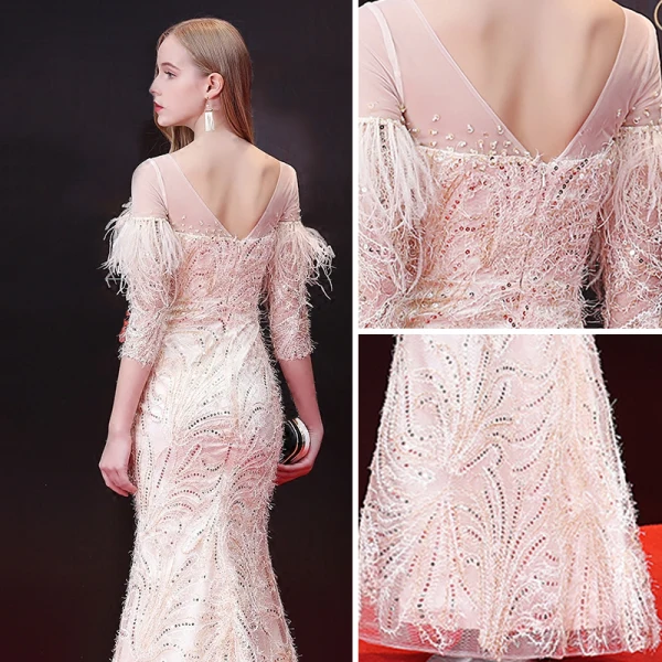 Élégant Champagne Robe De Soirée 2018 Trompette / Sirène Paillettes Plumes Gland Encolure Dégagée Dos Nu 3/4 Manches Longueur Cheville Robe De Ceremonie