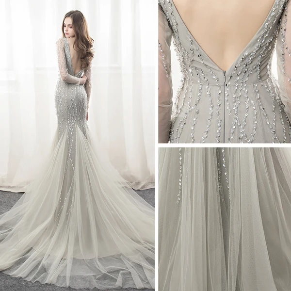 Luxury / Gorgeous Grey Evening Dresses  2018 Trumpet / Mermaid Beading Sequins V-Neck Backless Long Sleeve Chapel Train Formal Dresses