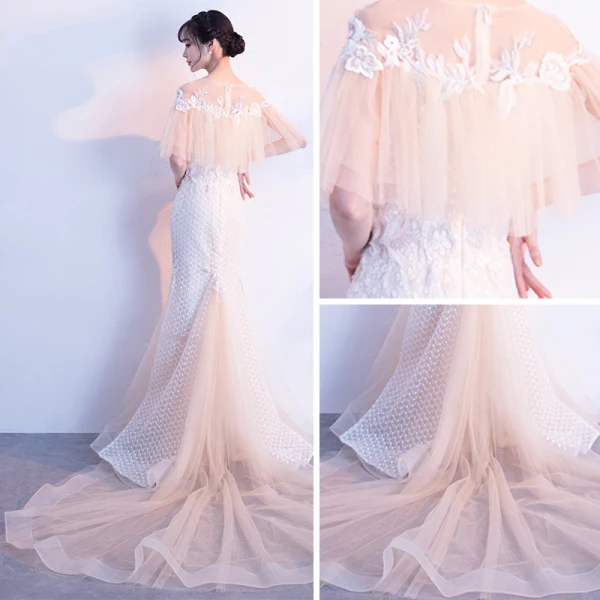Élégant Champagne Robe De Soirée 2018 Trompette / Sirène En Dentelle Appliques Perlage Encolure Dégagée Manches Courtes Tribunal Train Robe De Ceremonie