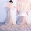 Élégant Champagne Robe De Soirée 2018 Trompette / Sirène En Dentelle Appliques Perlage Encolure Dégagée Manches Courtes Tribunal Train Robe De Ceremonie
