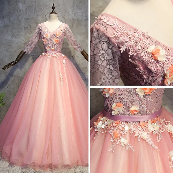 Chic / Beautiful Pearl Pink Prom Dresses 2018 Ball Gown Appliques Pearl Sash V-Neck Backless 3/4 Sleeve Floor-Length / Long Formal Dresses