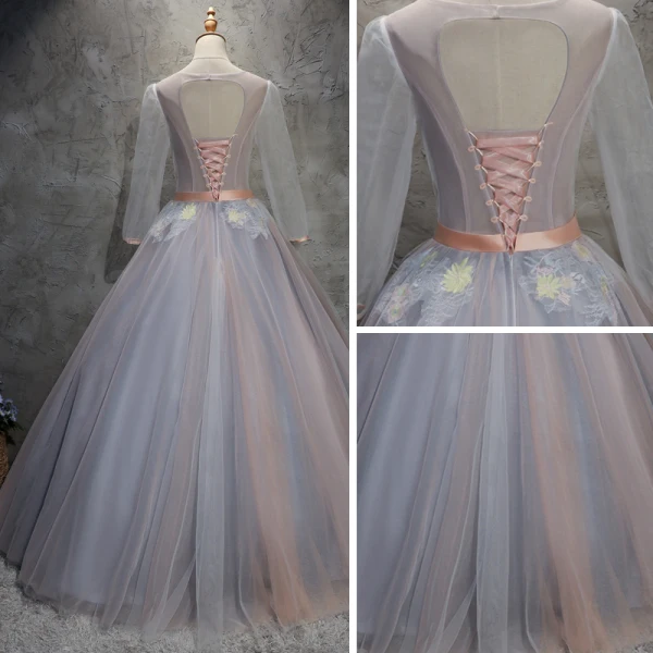Schöne Grau Ballkleider 2018 Ballkleid Applikationen Stoffgürtel Rundhalsausschnitt Rückenfreies Lange Ärmel Lange Festliche Kleider