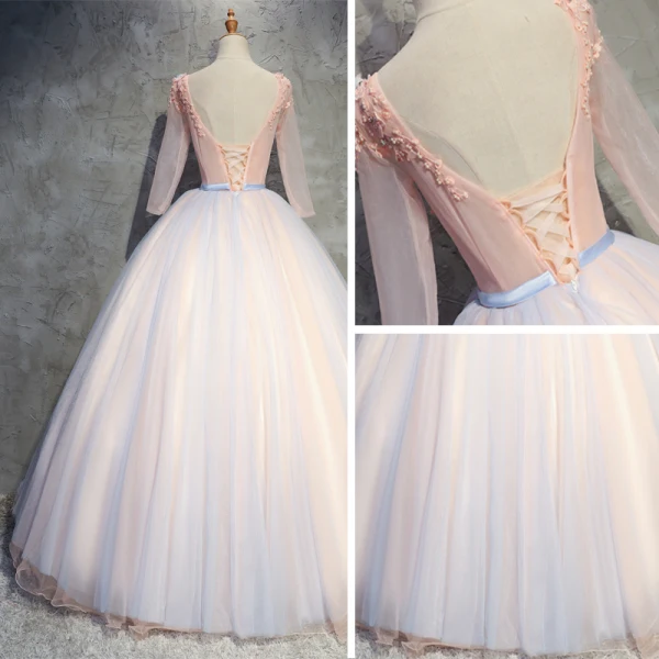 Chic / Beautiful Pearl Pink Prom Dresses 2018 Ball Gown Appliques Pearl Scoop Neck Backless 3/4 Sleeve Floor-Length / Long Formal Dresses