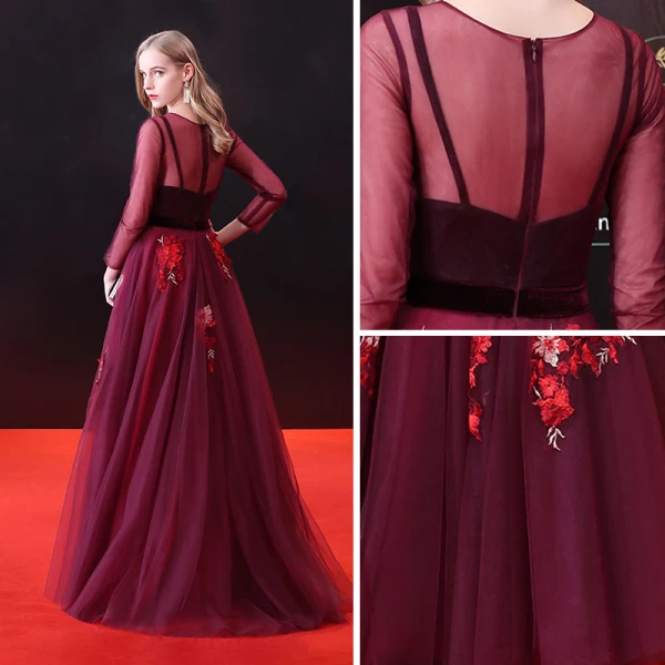 Chic / Beautiful Burgundy Prom Dresses 2018 A-Line / Princess Appliques Sash Scoop Neck Long Sleeve Ankle Length Formal Dresses