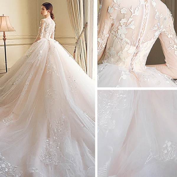 Étourdissant Robe De Mariée 2018 Robe Boule En Dentelle Appliques Brodé Encolure Dégagée 3/4 Manches Royal Train Mariage