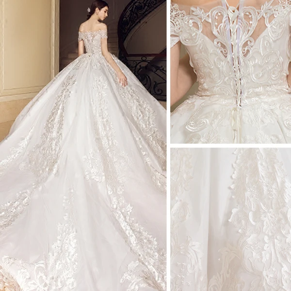 Chic / Beautiful Wedding Dresses 2018 Ball Gown Lace Appliques Embroidered Off-The-Shoulder Backless Short Sleeve Chapel Train Wedding
