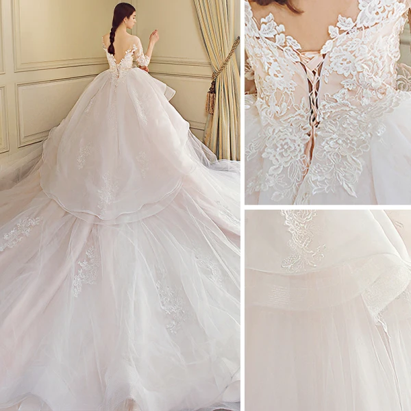 Chic / Beautiful Cascading Ruffles Wedding Dresses 2018 Ball Gown Lace Appliques Embroidered Scoop Neck Backless 3/4 Sleeve Royal Train Wedding
