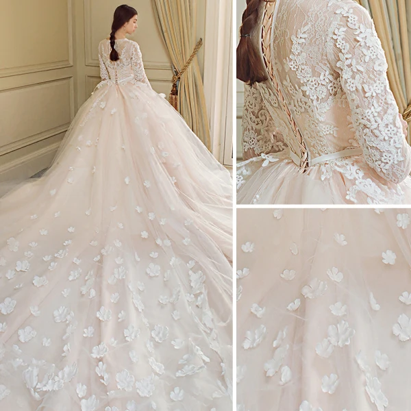 Chic / Beautiful Champagne Wedding Dresses 2018 Ball Gown Appliques Bow Scoop Neck Long Sleeve Royal Train Wedding