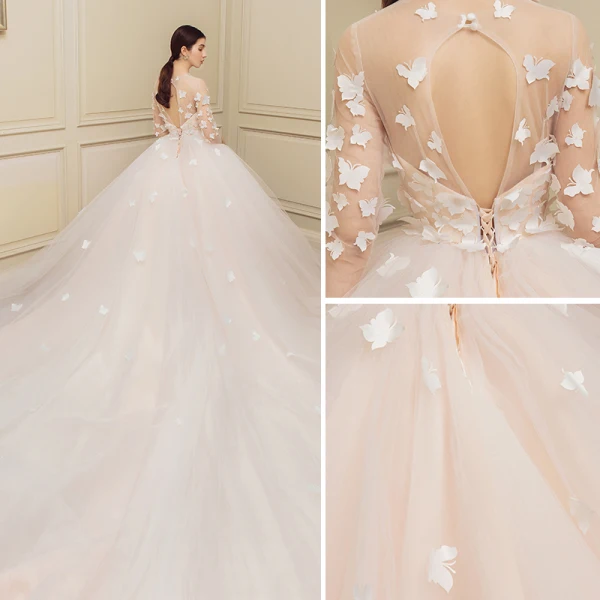 Chic / Beautiful Champagne Wedding Dresses 2018 Ball Gown Butterfly Scoop Neck Backless 1/2 Sleeves Royal Train Wedding