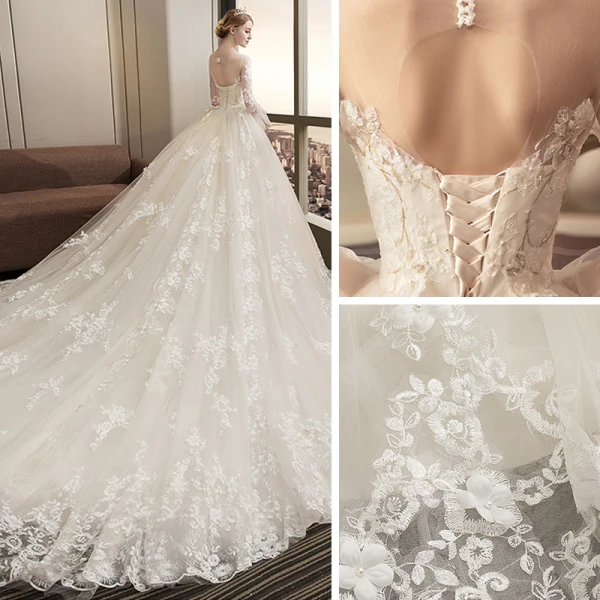 Stunning Champagne Wedding Dresses 2018 Ball Gown Lace Appliques Pearl Scoop Neck Backless Long Sleeve Royal Train Wedding